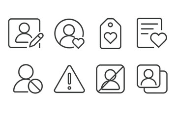 Dating App Icons. Line style icons of dating apps: profile edit, profile photo, tag interests, favorite list, block user, report