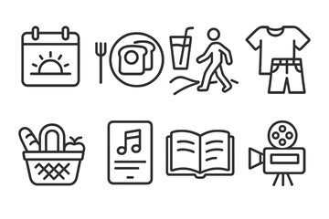 Lifestyle Icon Set. Line style icons of lifestyle themes: weekend plan, brunch icon, park walk, casual outfit, picnic bag,