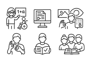 Inclusive Education Icons. Line style icons of inclusivity: inclusive education, adapted content, accessible books, visual
