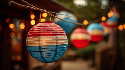 Fototapeta premium Red White and Blue Paper Lanterns Hanging at Outdoor 4th of July Celebration – Patriotic Garden Party Lights