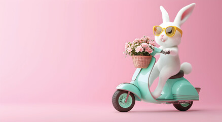 Adorable Bunny in Sunglasses on Scooter with Flowers - Easter & Spring Fun