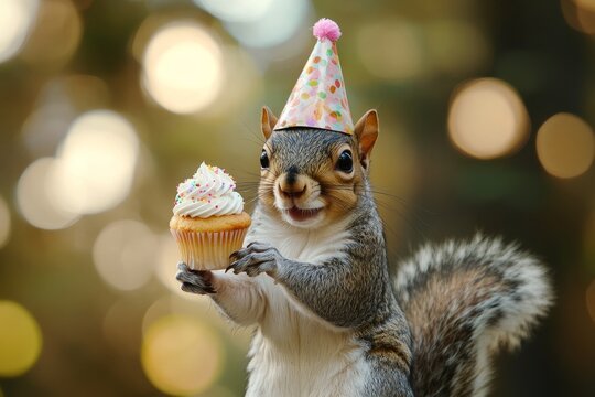Squirrel celebrating with a party hat and cupcake for a fun and festive occasion