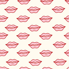 Seamless coquette pattern with pink lips and red outlines on a cream background. Flirty, girly, and minimal design perfect for fashion prints, wallpapers, packaging, and digital projects. Vector art