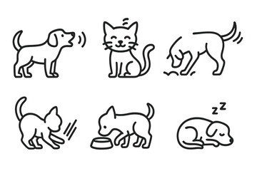 Pet Behavior Icons. Line style icons for pet behavior: barking dog, purring cat, tail wagging, scratching, digging, sleeping,