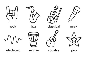 Music Genre Icons. Line style icons for music genres symbols: rock hand, jazz sax, classical violin, hip hop mic, electronic wave,