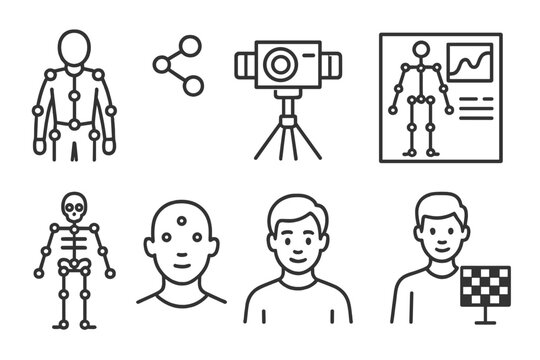 Motion Capture Icons. Line style icons for motion capture: mocap suit, sensors, camera rig, animation data, skeleton, tracking