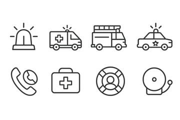 Fototapeta premium Emergency Response Icons. Line style icons of emergency response: siren, ambulance, fire truck, police car, emergency phone, first