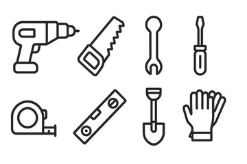 Obraz premium Construction Tools Icons. Line style icons of construction tools: drill, saw, wrench, screwdriver, tape measure, level, shovel,