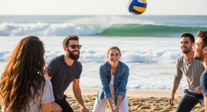 Young adults enjoying beach volleyball game on a sunny day