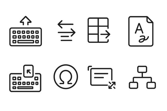 Localization Icons. Line style icons of localization: local keyboard, typing direction, right-to-left layout, script icon, input