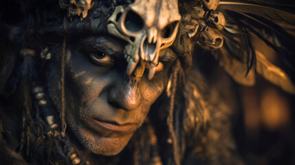 A village shaman from the Stone Age, chief and advisor of the tribe; a common practice was a mountain village shaman wearing a bone on the head