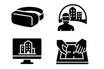 Urban VR Exploration. Solid style icons of VR in urban projects: VR headset, virtual city tour, building simulation, planning