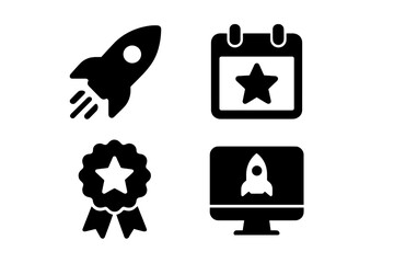 Launch Tools Icons. Solid style icons of launch tools: rocket icon, release date, rollout badge, system debut. Solid style of