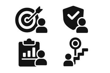 Obraz premium Teamwork Icons Set. Solid style icons of teamwork goals: goal ring, OKR badge, objective tab, task bar. Solid style of team