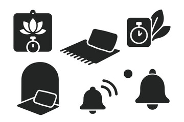 Mindful Break Icons. Solid style icons of mindful break zones: meditation timer on wall, soft rug and pillow, calm zone with timer