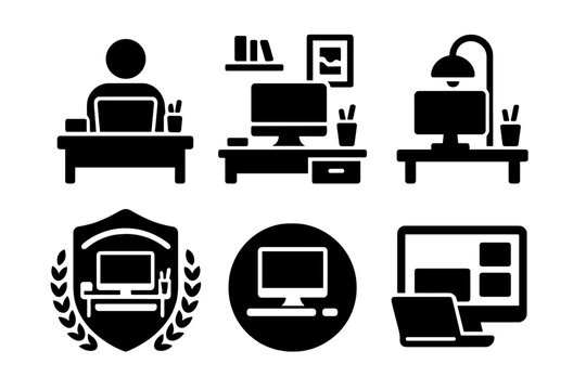 Minimal Workspace Icons. Solid style icons of calm workspace layouts: user at neat desk, organized desktop layout, soft lighting
