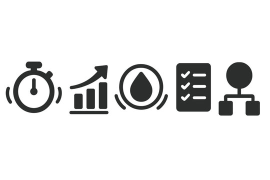 Serene Productivity Icons. Solid style icons of serene productivity tools: timer with soft pulse, productivity growth chart, flow