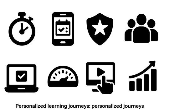Personalized Learning Icons. Solid style icons of personalized learning journeys: learning session timer, study planner app, skill