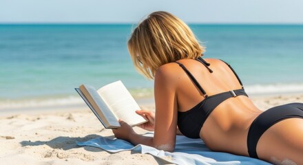 Young caucasian female relaxing and reading a book on a sandy beach