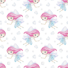Watercolor seamless pattern of Tooth Fairy with wings, magical wand and teeth. Hand drawn baby repeat Background for pediatric dentistry, National Tooth Fairy Day, wrapping, scrapbook paper, fabric