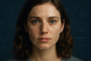 Close up of young woman with facial recognition scan grid overlay. Blue tech background with geometric UI. Concept: AI technology, biometrics, identity verification