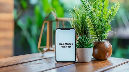 A smartphone displaying a team meetup reminder, surrounded by vibrant greenery and natural decor.