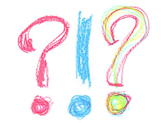 Colorful question and exclamation mark hand draw wax pastel, isolated on white, clipping path