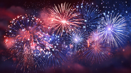 Red, White, and Blue Fireworks with Glowing Star Trails &ndash; Patriotic Night Sky Background for 4th of July Celebrations