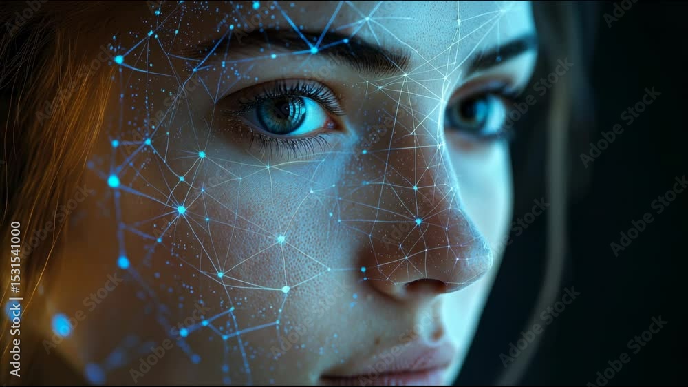 Aufkleber close-up of woman's face with digital network overlay highlighting advanced technology and virtual r