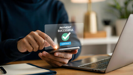 Successful Online Payment Confirmation on Smartphone Screen A Person Uses Mobile Banking App for Secure Transaction