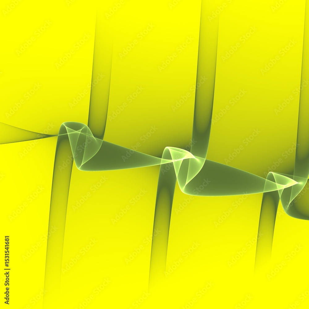 Poster abstract yellow background with green wavy lines and vertical bars creating a fluid design art piece