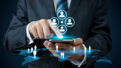 Global Businessman Using Smartphone for Networking and connecting with a worldwide professional network via mobile technology.