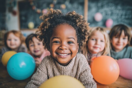 A group of happy and diverse children celebrating with colorful balloons, bringing joy and inclusivity to a birthday party, creating lasting memories. - Powered by Adobe