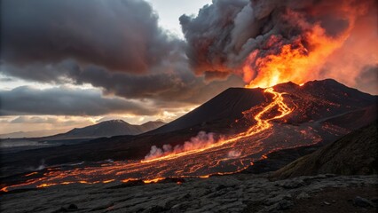 Volcanic Eruption Wide Shot, Lava Flow, Dramatic Sunset, Fiery Landscape, Nature, Geology Volcano, Lava