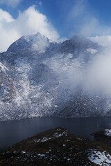 Holly lake in gosaikunda on Himalayan mountain with snow covered the area