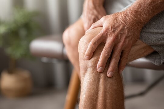 Close-up of senior man's knee with hand demonstrating pain, discomfort, or injury, health care and well-being concepts illustrating the need for medical attention.