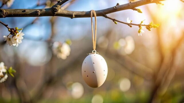 Easter egg decoration hanging from blooming spring tree branch in golden sunlight, celebrating springtime and festive holidays