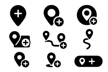 Add Location Icons. Solid style icons of adding locations and map points: map marker with plus, new destination icon, location add