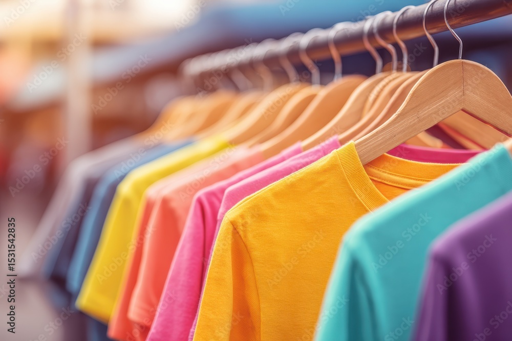 Poster a colorful array of t-shirts hangs neatly on a rack, creating a vibrant spectrum of hues, with woode