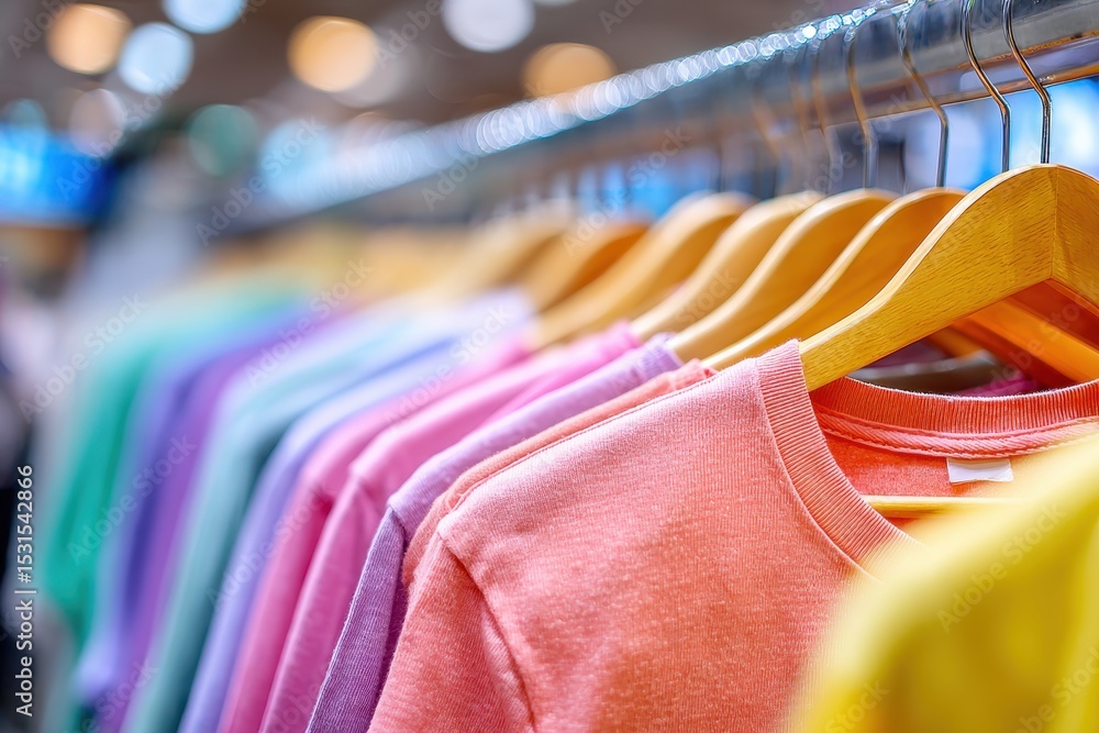 Poster close-up of a vibrant display of colorful t-shirts on wooden hangers, creating a visually appealing 