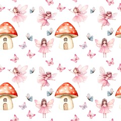  Fantasy Watercolor Seamless Pattern with Fairies, Butterflies, and Toadstool Houses