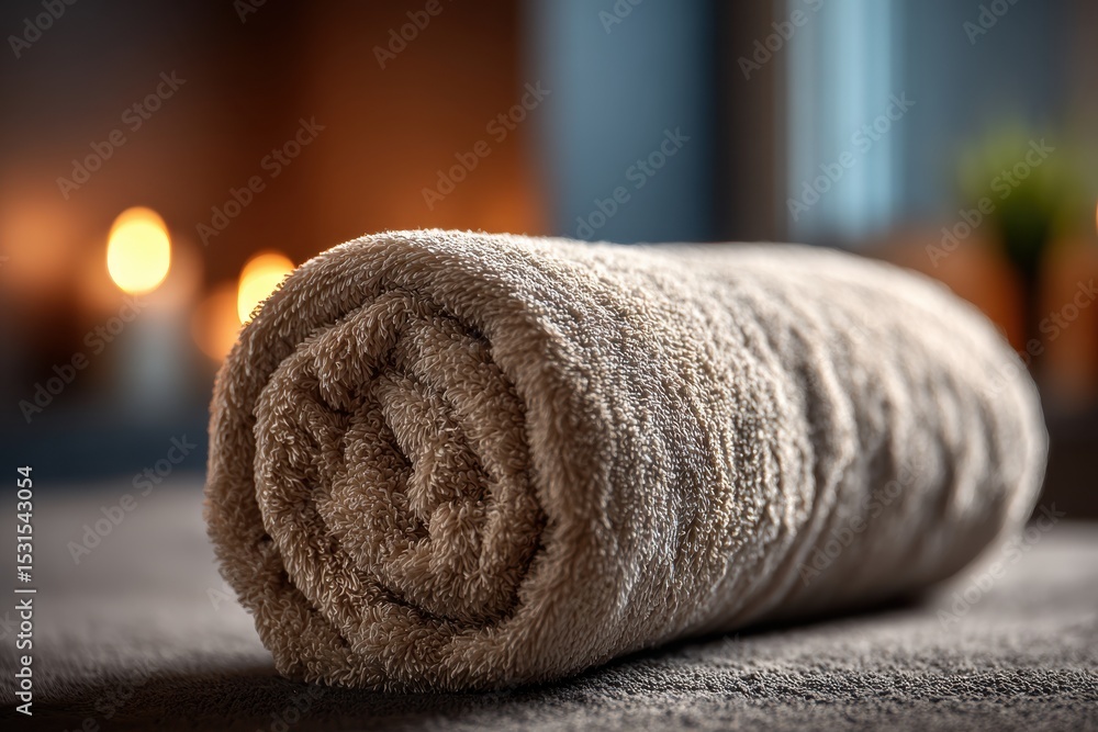 Poster rolled, soft beige towel on a textured grey surface in a spa setting with candles, perfect for creat