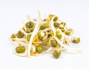 Bean Sprouts on Isolated White Background – Fresh Mung Bean Shoots with Crisp Texture and Studio Lighting