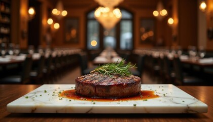 Filet mignon on marble slab board in restaurant surrounded vintage wine bottles