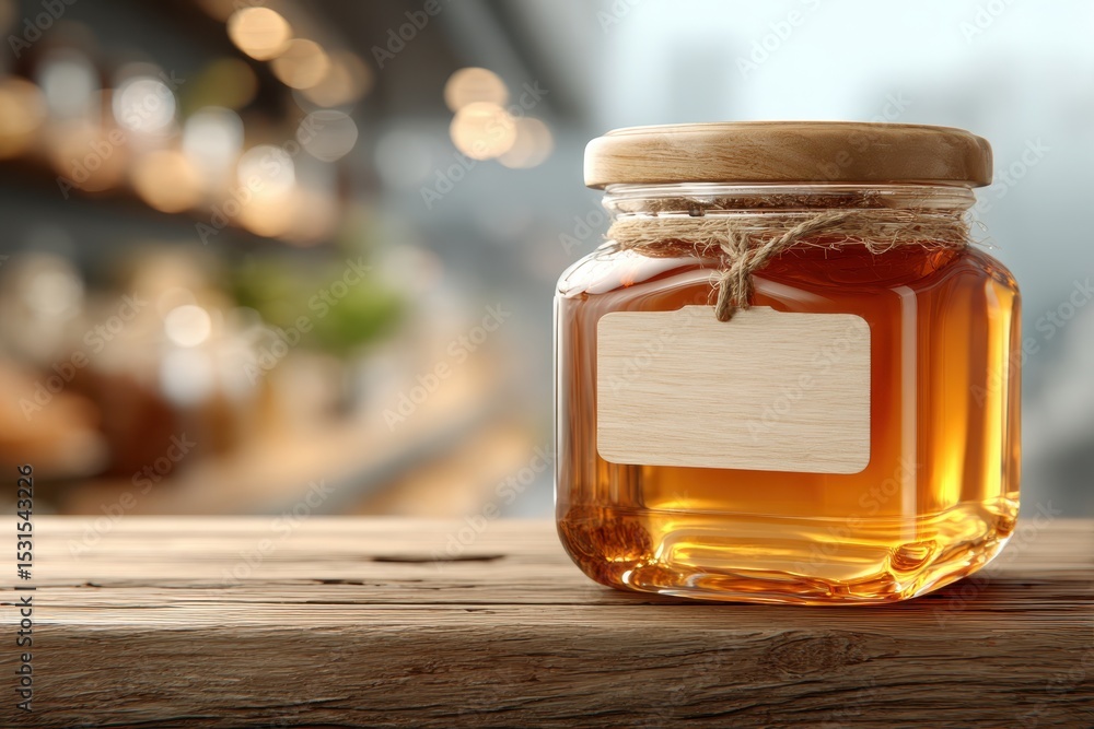 Aufkleber a close-up shot of a honey jar with a wooden lid and a blank label, placed on a rustic wooden table 