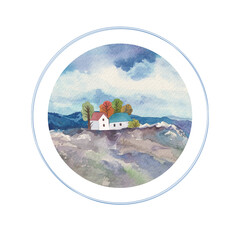 landscape mountains with house, watercolor seasonal illustration on paper,
