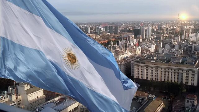 Argentine Flag Waving High Over Buenos Aires at Sunset From Elevated Viewpoint, 4K