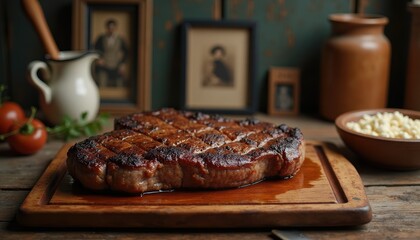 Sliced steak resting on rustic wooden platter in cozy farmhouse kitchen