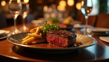 Steak placed on polished chrome platter in restaurant