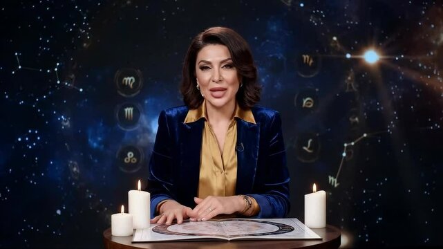 Elegant female astrologer giving horoscope reading on TV set with zodiac signs and candles